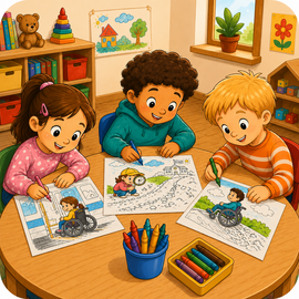 Die Kinder malen ein Bild aus, auf welchem ein Kind mit einer Behinderung dargestellt ist